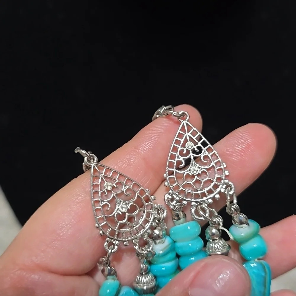 NEW Blue Turquoise Multi Strand Tiered Statement Necklace, Boho, Southwestern - Picture 9 of 12